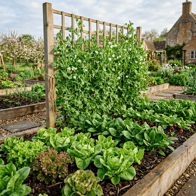 Lush spring garden with lettuce, peas, and radishes in raised beds