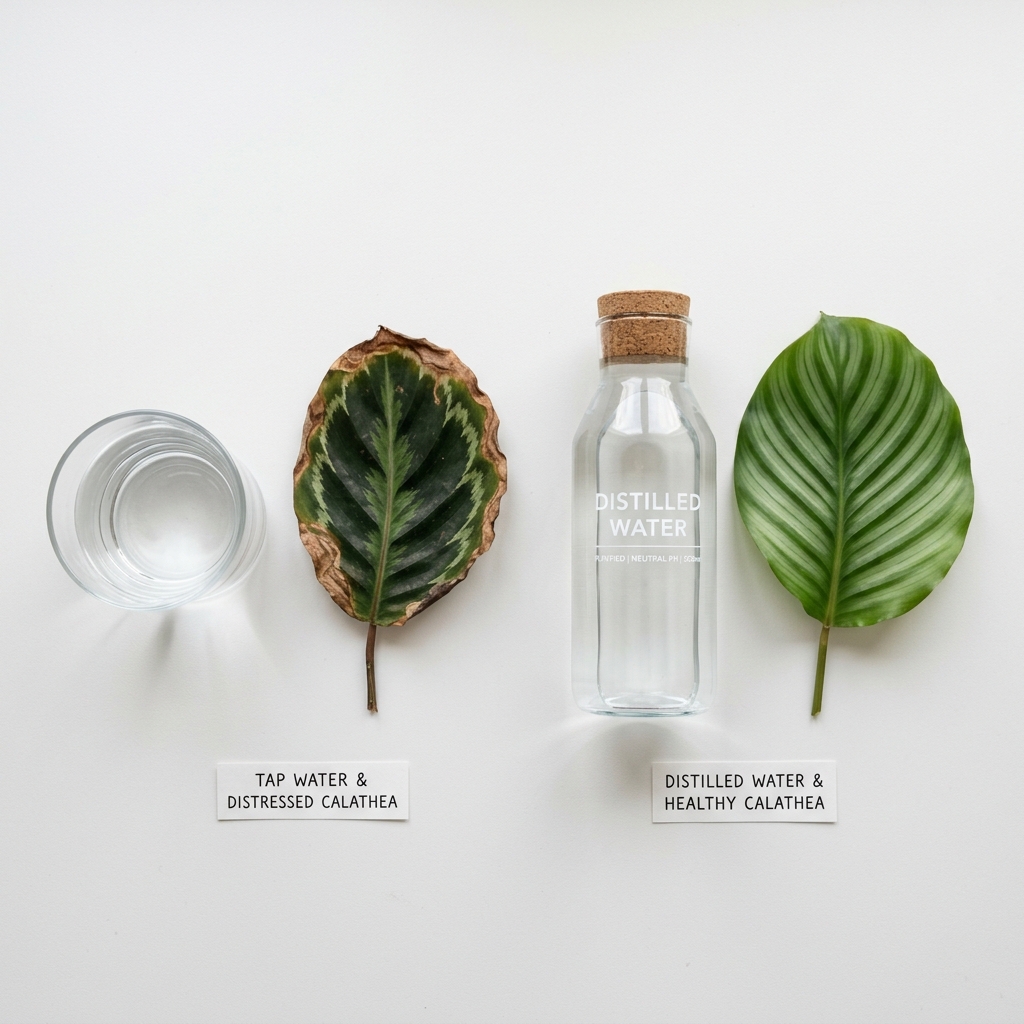 Side-by-side comparison: tap water next to a Calathea leaf with crispy brown edges on the left versus distilled water next to a perfect healthy Calathea leaf on the right