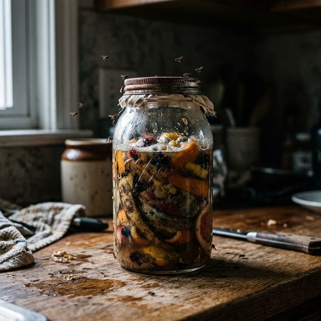 A mason jar full of fermenting citrus peels and banana skins on a kitchen counter swarming with fruit flies