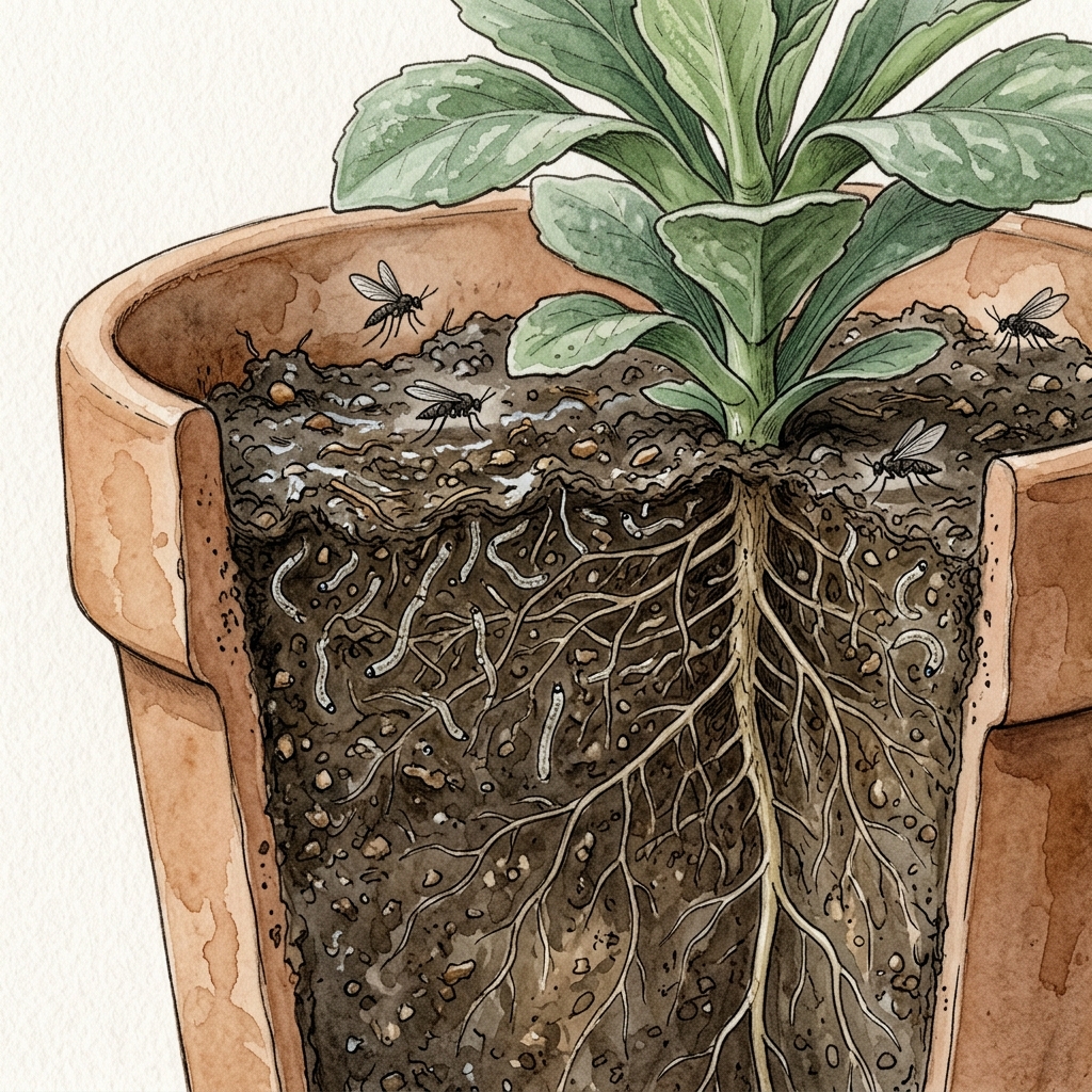 Cross-section watercolor illustration of a potted plant showing fungus gnat larvae in the top inch of dark, consistently damp soil with adult gnats hovering on the surface