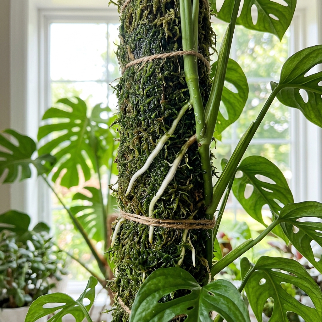 Bright white healthy Monstera aerial roots actively gripping and growing into a deep green wet sphagnum moss pole