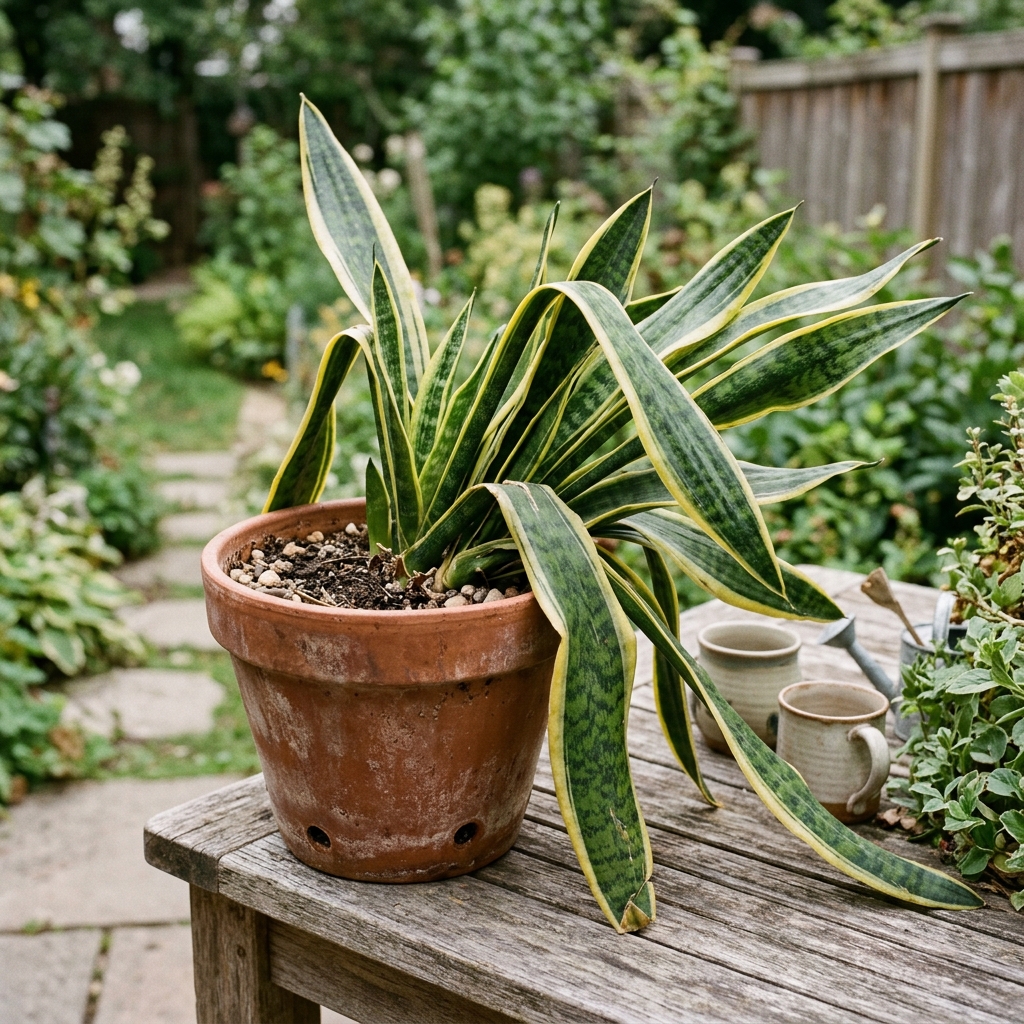 Snake plant with soft, floppy leaves drooping sideways over a terracotta pot on a weathered outdoor garden table — healthy green and yellow banding but clearly lacking structural firmness